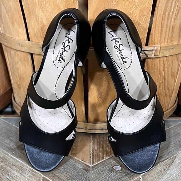 Life Stride Mega Faux Black Leather Pump Heel Peep Toe Dress Sandals Womens 6 - Picture 9 of 11